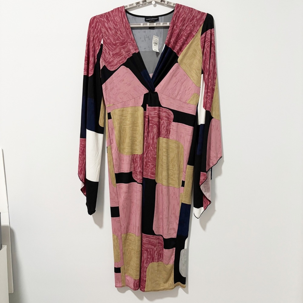 Ashley Stewart Geometric Dress Womens 14/16 Multi Colorblock Bell Sleeve V-Neck